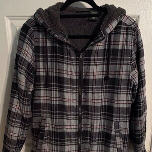 Black and Grey Plaid Hooded Zip Up Jacket Medium